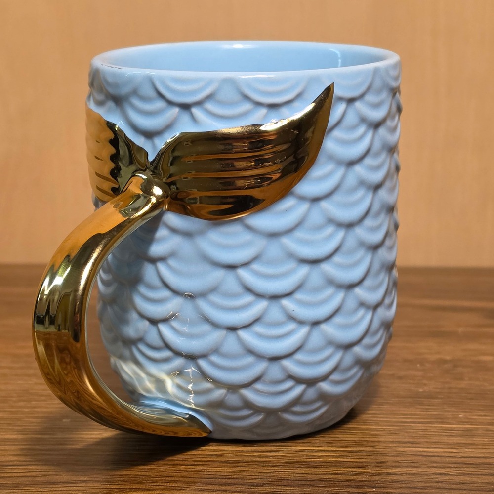 Blue Mermaid Tail Mug Gold Handle Ceramic Fish Scale Coffee Cup NEW